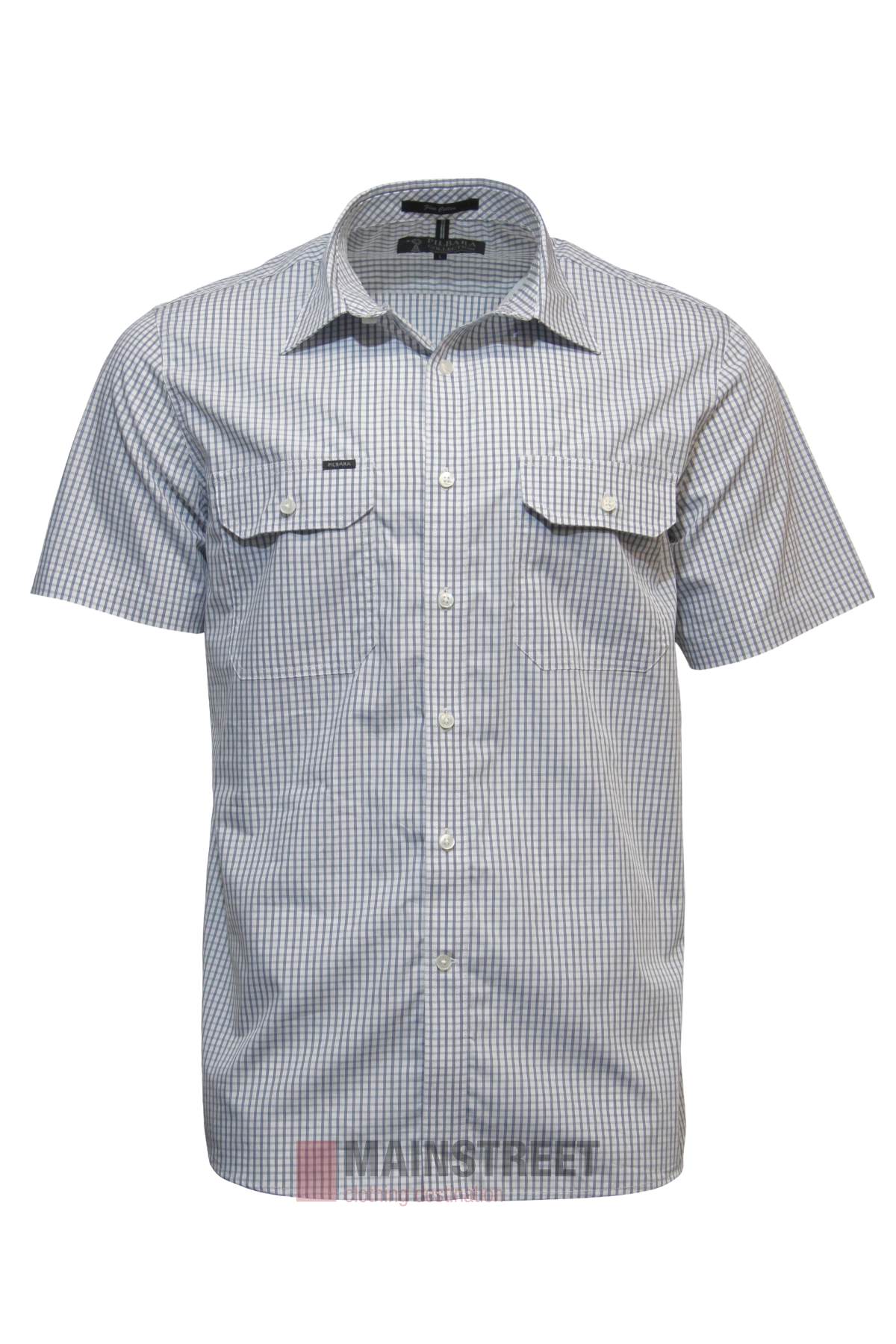 The Pilbara Short Sleeve Check Double Pocket Shirt features blue and white checks, two button-flap chest pockets, and classic workwear style—an ideal addition to your wardrobe.