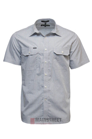 The Pilbara Short Sleeve Check Double Pocket Shirt features blue and white checks, two button-flap chest pockets, and classic workwear style—an ideal addition to your wardrobe.