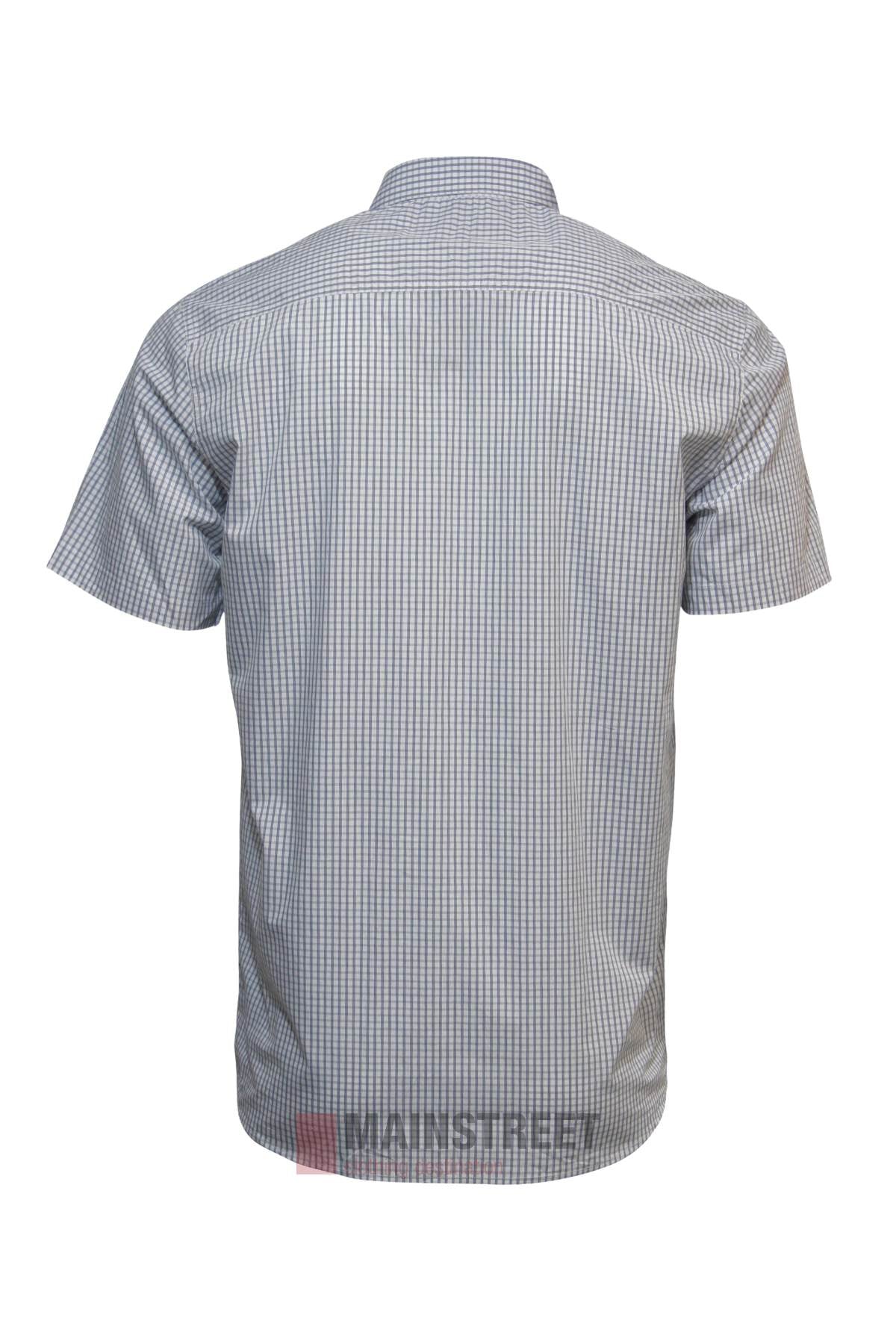 Back view of the Pilbara Short Sleeve Check Double Pocket Shirt, featuring a small blue and white checkered pattern and classic Australian workwear style, displayed on a white background.