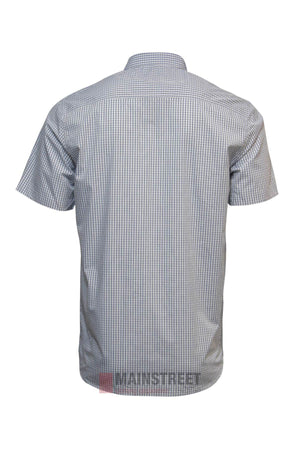 Back view of the Pilbara Short Sleeve Check Double Pocket Shirt, featuring a small blue and white checkered pattern and classic Australian workwear style, displayed on a white background.