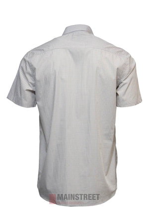 The Pilbara Short Sleeve Check Double Pocket Shirt features a collared, short-sleeve design with light checks and relaxed fit, inspired by classic Australian workwear. The MAINSTREET logo appears subtly at the back hem.