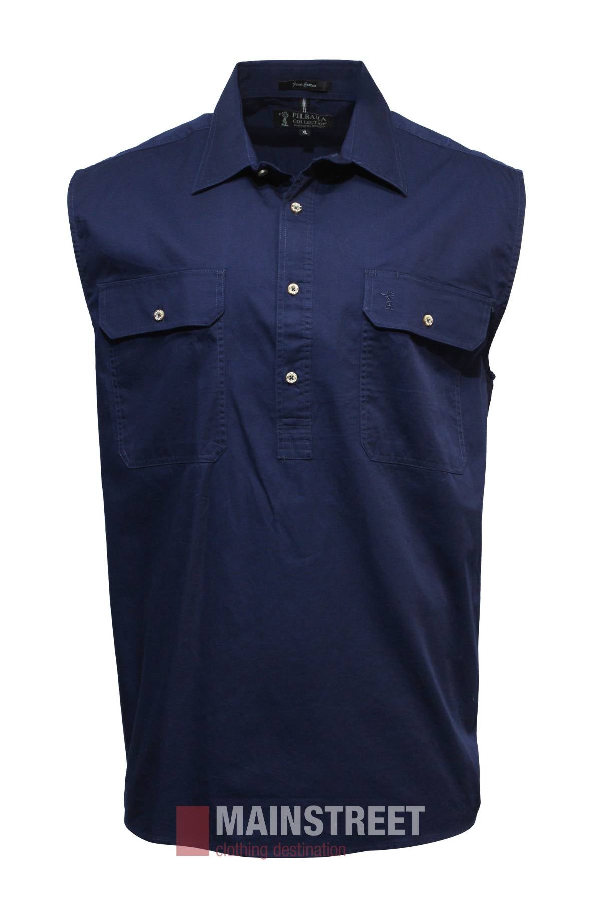 A Pilbara Sleeveless Closed Front Shirt in navy blue Cotton Twill, featuring two chest pockets and a partial button placket, is displayed against a white background. "MAINSTREET" appears at the bottom of the image.