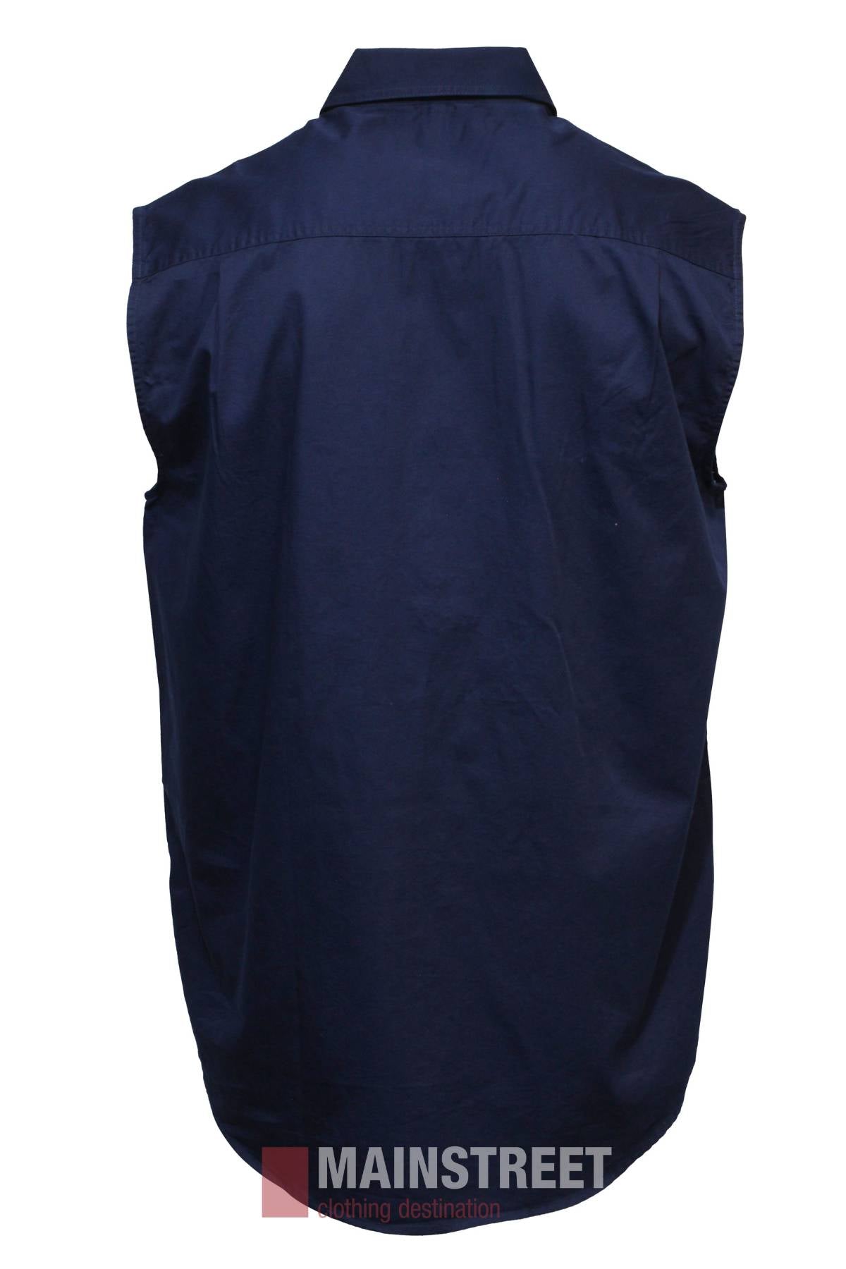 A navy blue Pilbara Sleeveless Closed Front Shirt viewed from the back, with a collar and no visible buttons or designs. The cotton twill shirt image displays a "MAINSTREET clothing destination" watermark at the bottom.