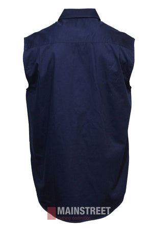 A navy blue Pilbara Sleeveless Closed Front Shirt viewed from the back, with a collar and no visible buttons or designs. The cotton twill shirt image displays a "MAINSTREET clothing destination" watermark at the bottom.