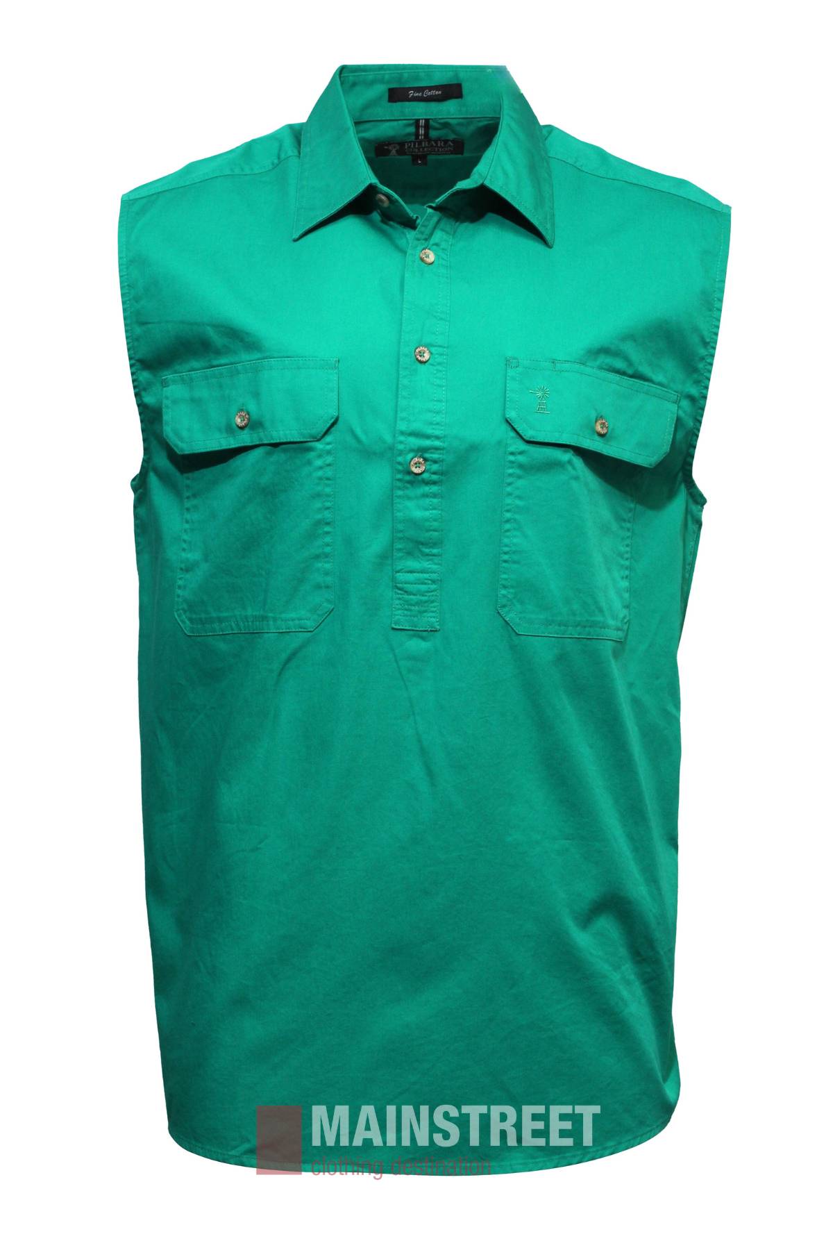 The Pilbara Sleeveless Closed Front Shirt is a green cotton twill button-up with a collar and two chest pockets, shown on a plain white background. The "MAINSTREET" logo appears at the bottom of the image.