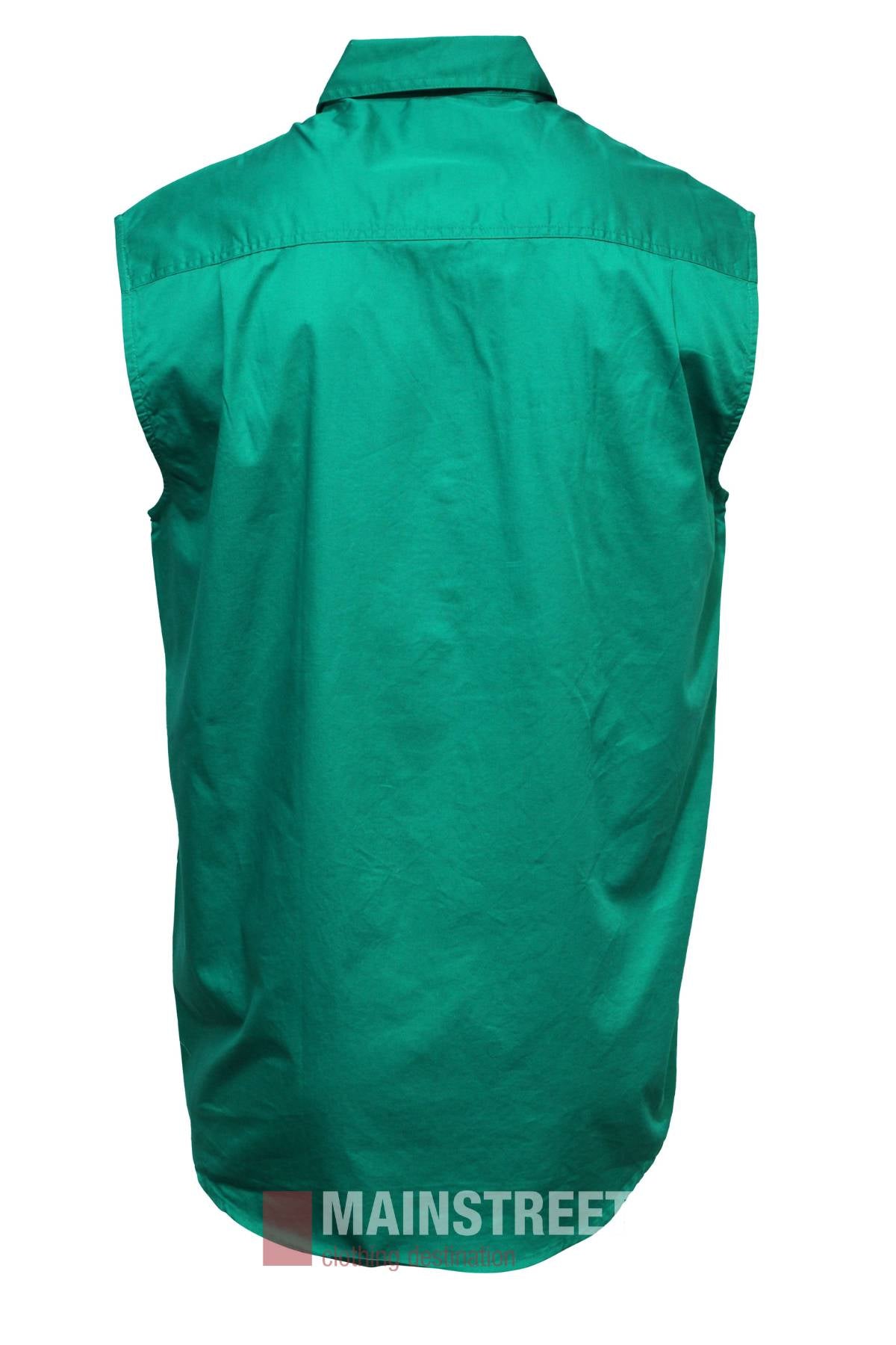 The Pilbara Sleeveless Closed Front Shirt, shown from the back on a white background, is a green, lightweight cotton twill button-up with a collar, UPF 50+ sun protection, and the "MAINSTREET" logo partially visible at the hem.