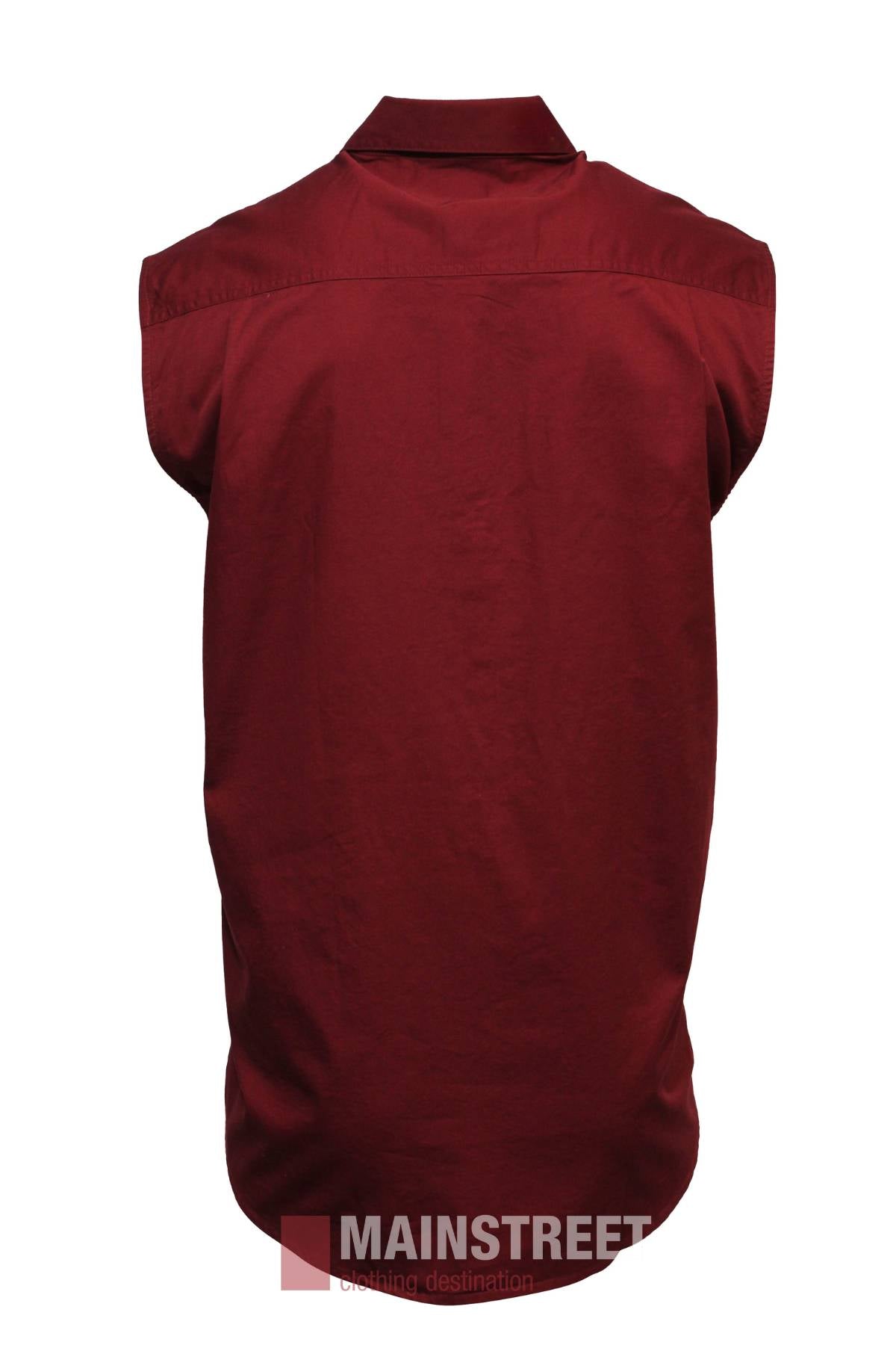 Pilbara Sleeveless Closed Front Shirt in maroon cotton twill, shown from the back with a collar and loose fit. "MAINSTREET" branding appears at the image's bottom.