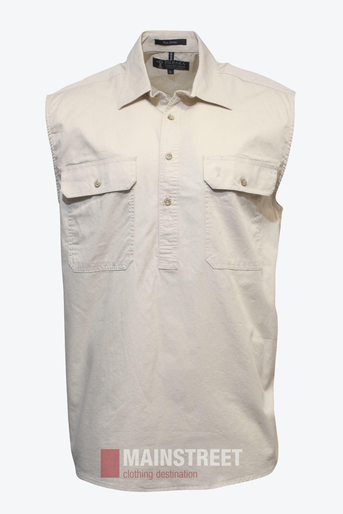 Beige Pilbara Sleeveless Closed Front Shirt with two chest pockets and collar, shown on a white background. Mainstreet Clothing Destination logo at bottom. Made from 100% cotton for comfort and durability—ideal as a work shirt.
