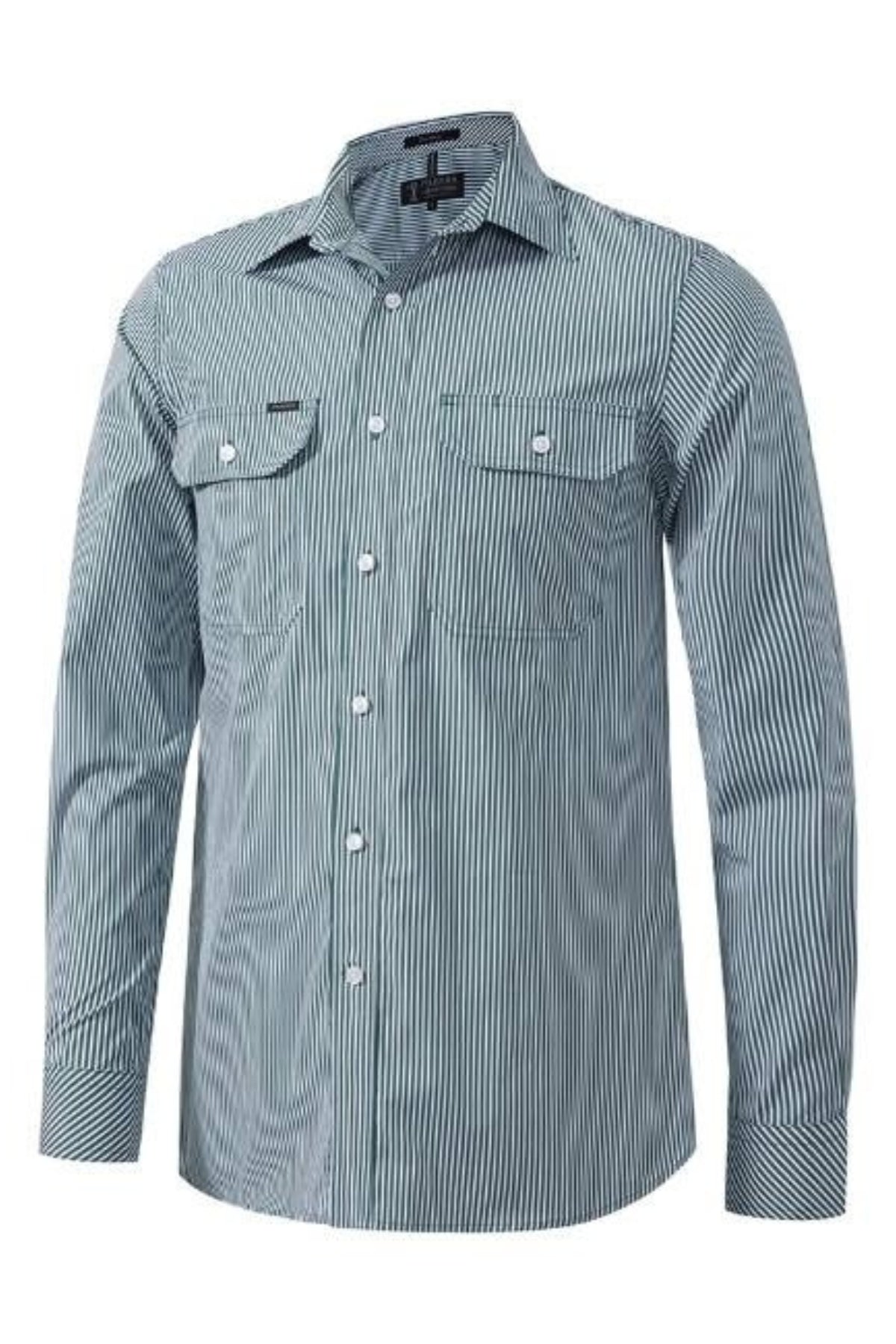 The Pilbara Stripe Double Pocket Shirt is a long-sleeved, button-up shirt with thin green and white stripes, two chest pockets with button flaps, and a pointed collar. Made from durable cotton for tough Australian conditions. Shown on a white background.