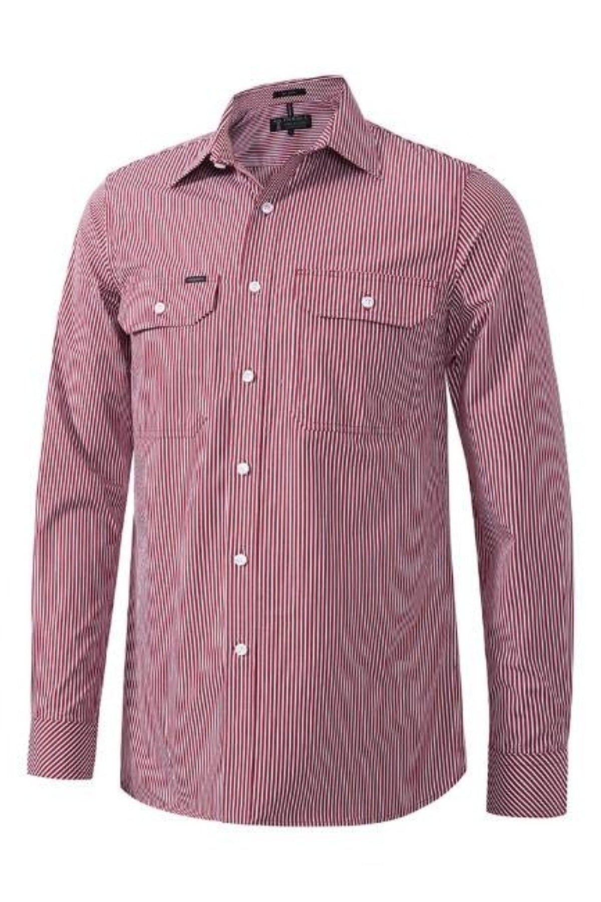 The Pilbara Stripe Double Pocket Shirt is a 100% cotton, long-sleeve button-up with red and white vertical stripes, two chest pockets, and a classic collar—perfect for Australian working conditions.
