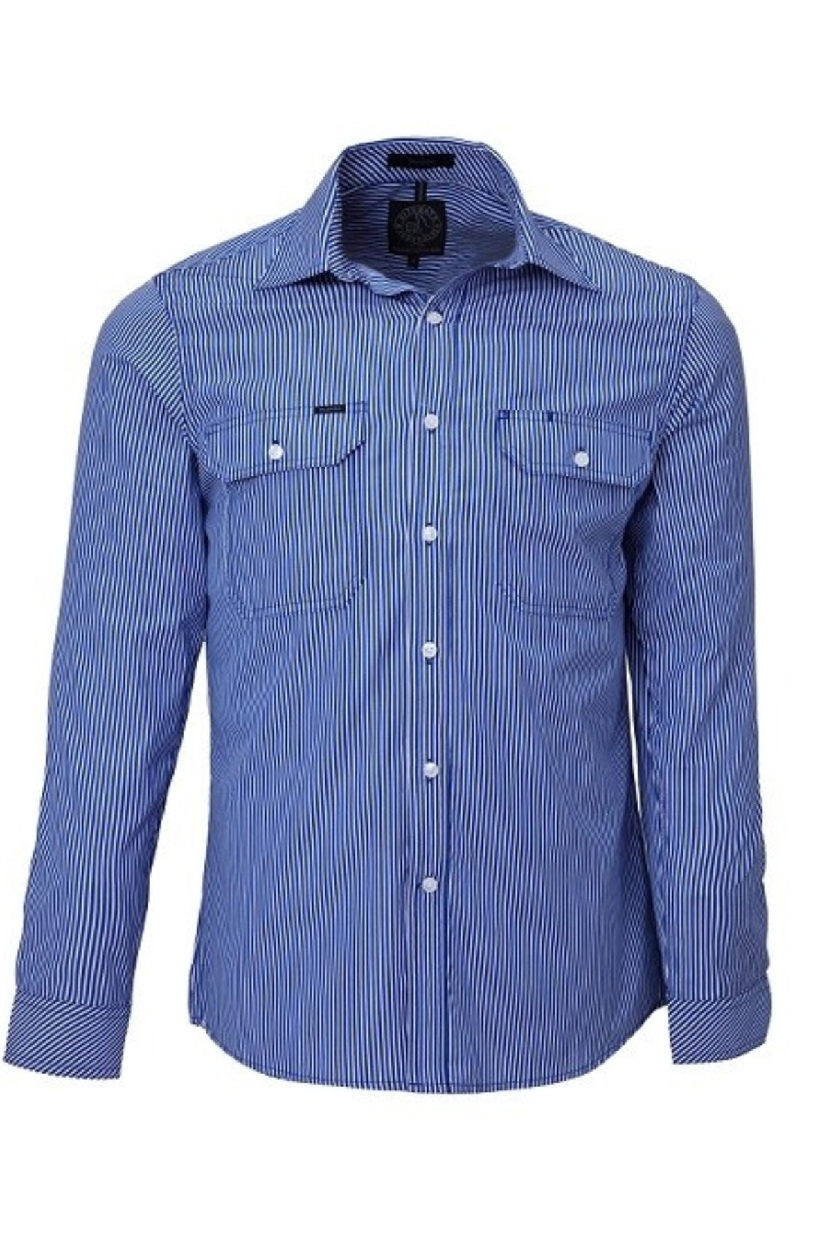 The Pilbara Stripe Double Pocket Shirt features blue and white vertical stripes, long sleeves, two chest pockets, and a soft cotton finish—perfect for Australian working conditions. Displayed on a white background.