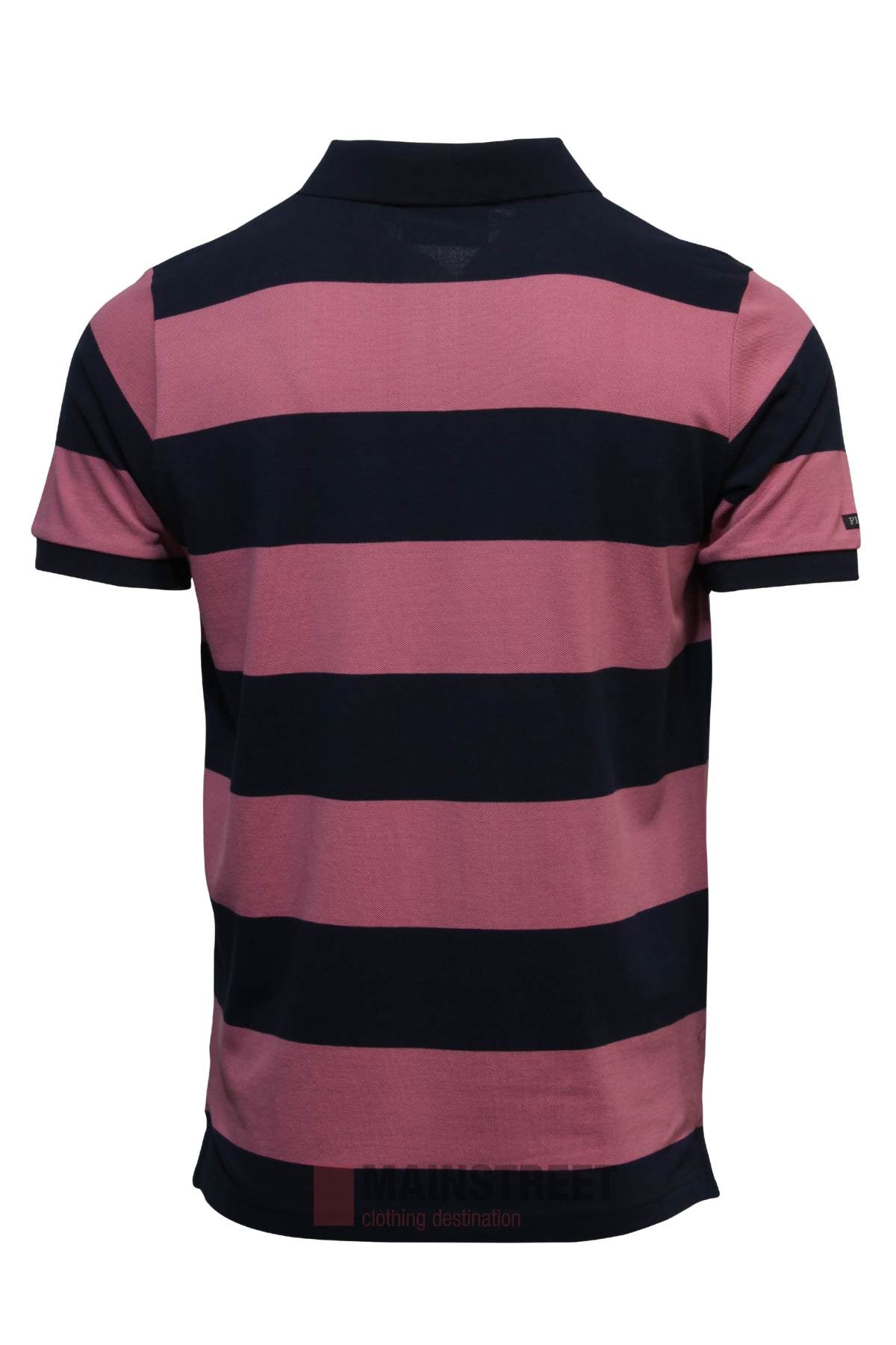The Pilbara Striped Polo is a 100% cotton shirt with wide dark navy and muted pink stripes, shown from the back. It features a classic collar, short sleeves, and a straight hem for a timeless look.