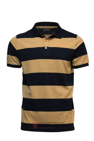 The Pilbara Striped Polo is a 100% cotton shirt with wide black and tan stripes, a classic collar, and a two-button placket. It’s shown on a white background.