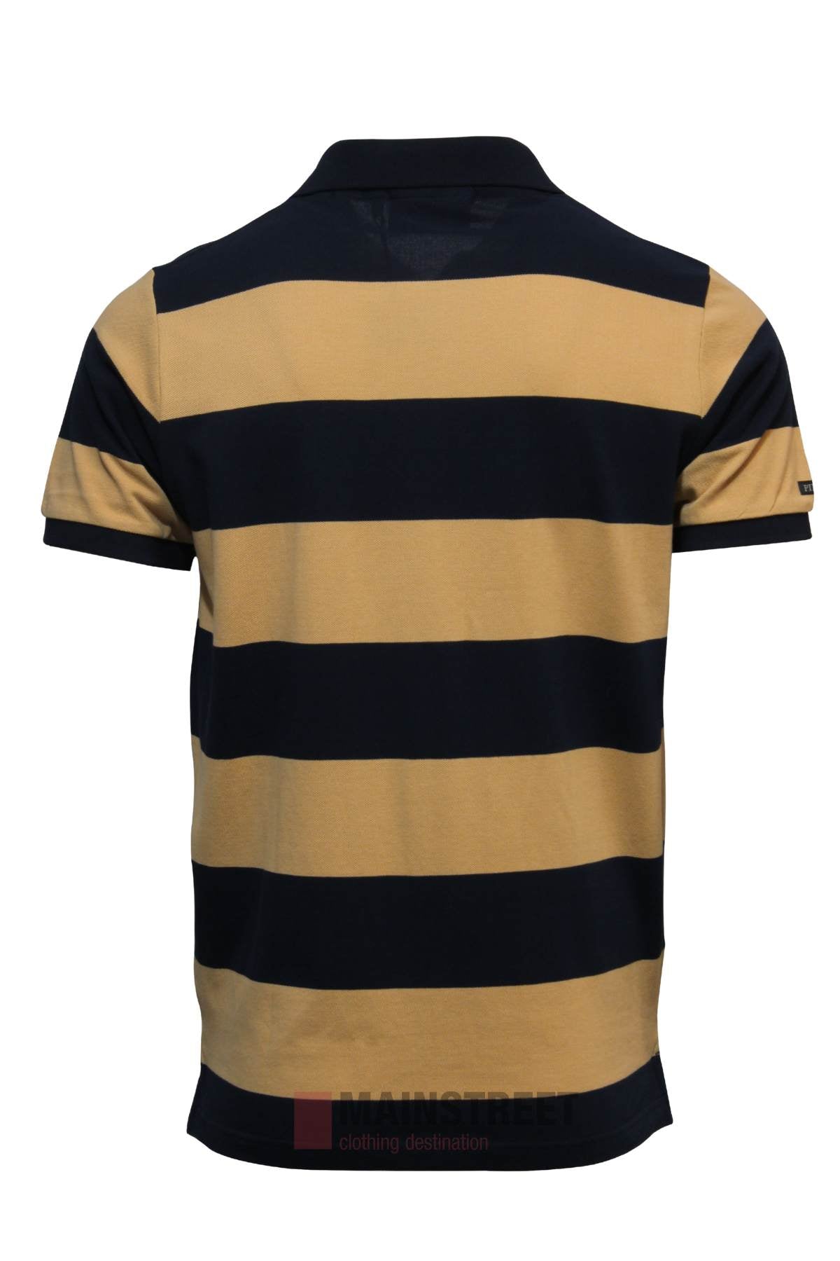 The Pilbara Striped Polo features wide horizontal black and tan stripes, short sleeves, and a classic collar. Made from 100% cotton, it is shown from the back against a plain white background.
