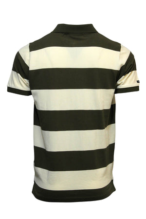 The Pilbara Striped Polo is made from 100% cotton and features wide black and off-white stripes, a classic collar, short sleeves, and a straight hem for timeless style. Shown from the back.