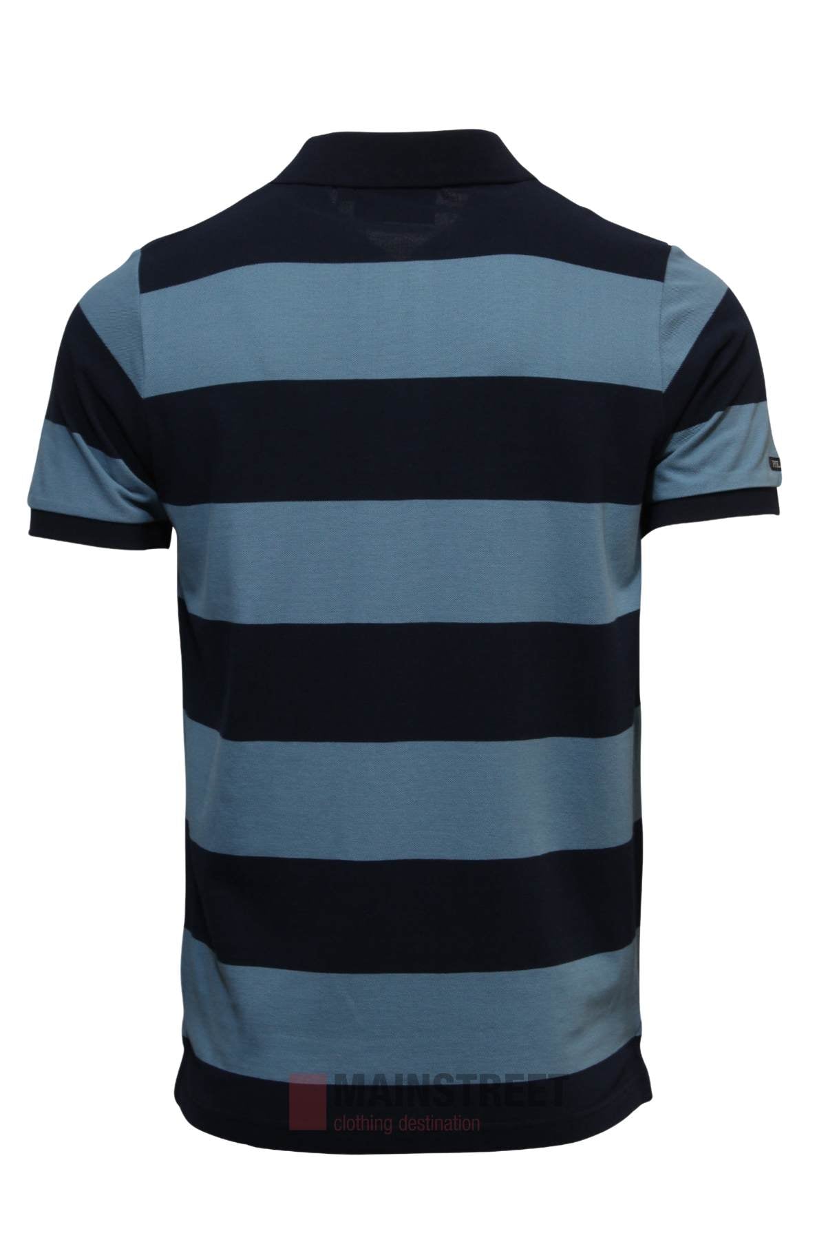 A short-sleeved Pilbara Striped Polo with wide blue and navy horizontal stripes, classic collar, shown from the back.