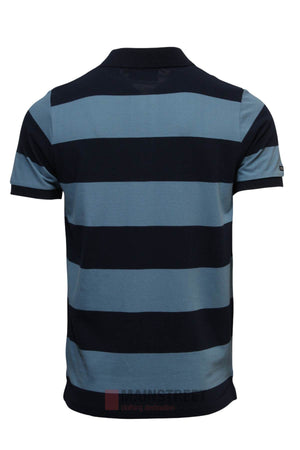 A short-sleeved Pilbara Striped Polo with wide blue and navy horizontal stripes, classic collar, shown from the back.