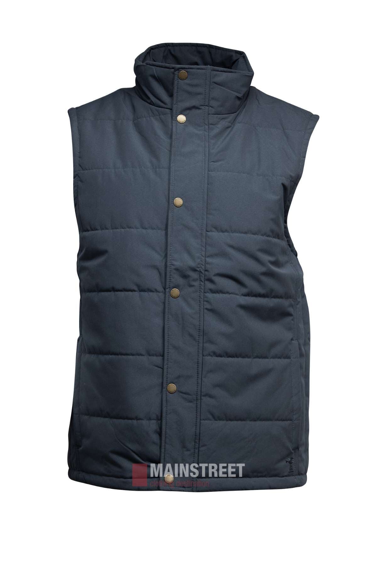 The Pilbara Vest is a sleeveless, dark blue quilted vest with polyfill padding, high collar, snap button closure, and side pockets, shown on a plain white background.