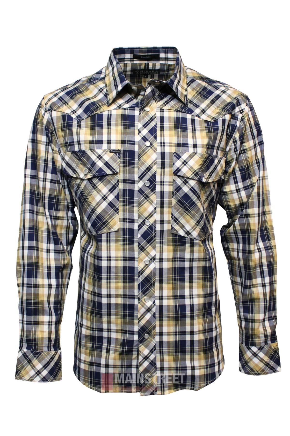 The Pilbara Western Snap Button Long Sleeve Shirt features a classic navy, yellow, and white check pattern, a collar, and two front chest pockets with snap button flaps for timeless style.