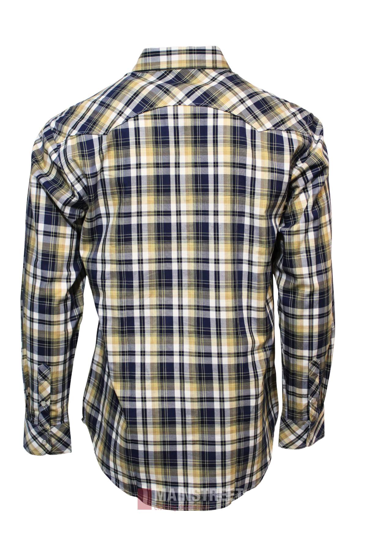 The Pilbara Western Snap Button Long Sleeve Shirt is crafted from ultra-fine cotton with a yellow, navy blue, and white plaid pattern and snap buttons, shown here from the back.
