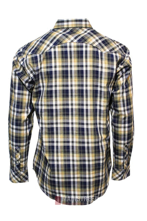 The Pilbara Western Snap Button Long Sleeve Shirt is crafted from ultra-fine cotton with a yellow, navy blue, and white plaid pattern and snap buttons, shown here from the back.
