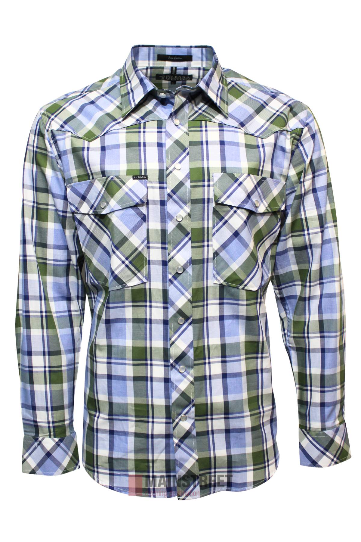 The Pilbara Western Snap Button Long Sleeve Shirt features a green, blue, white, and black plaid pattern with two flap chest pockets.
