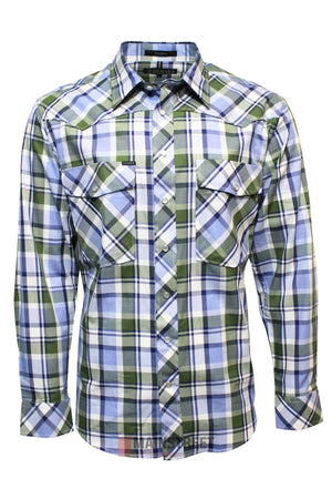 The Pilbara Western Snap Button Long Sleeve Shirt features a green, blue, white, and black plaid pattern with two flap chest pockets.