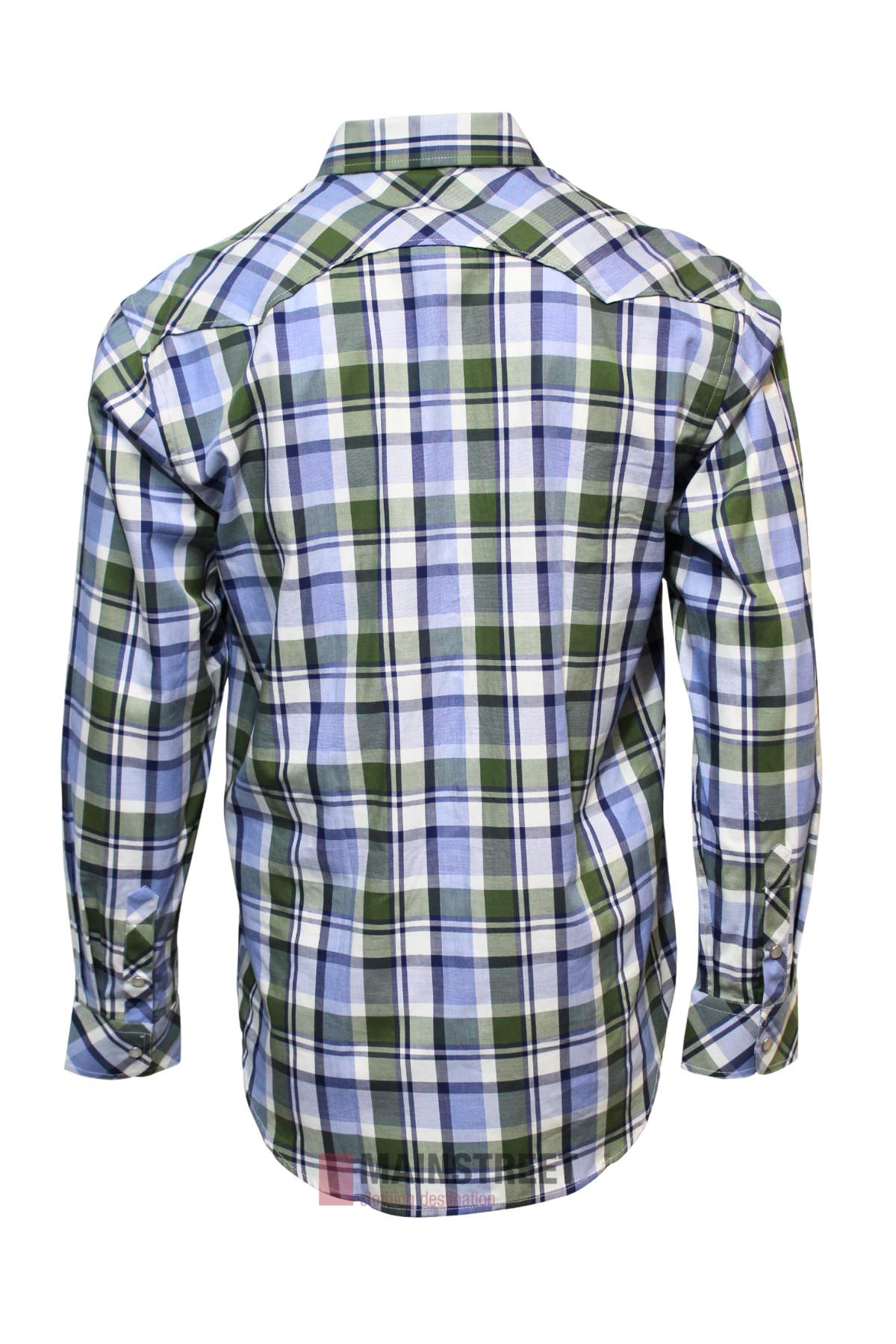 The Pilbara Western Snap Button Long Sleeve Shirt is shown from the back, featuring a green, blue, and white plaid pattern with a classic design and comfortable fit.