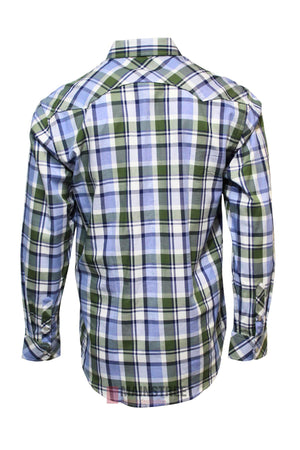 The Pilbara Western Snap Button Long Sleeve Shirt is shown from the back, featuring a green, blue, and white plaid pattern with a classic design and comfortable fit.