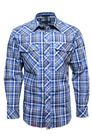 The Pilbara Western Snap Button Long Sleeve Shirt for men features blue, white, and black plaid cotton fabric, snap buttons, and two front chest pockets—a classic and stylish choice.