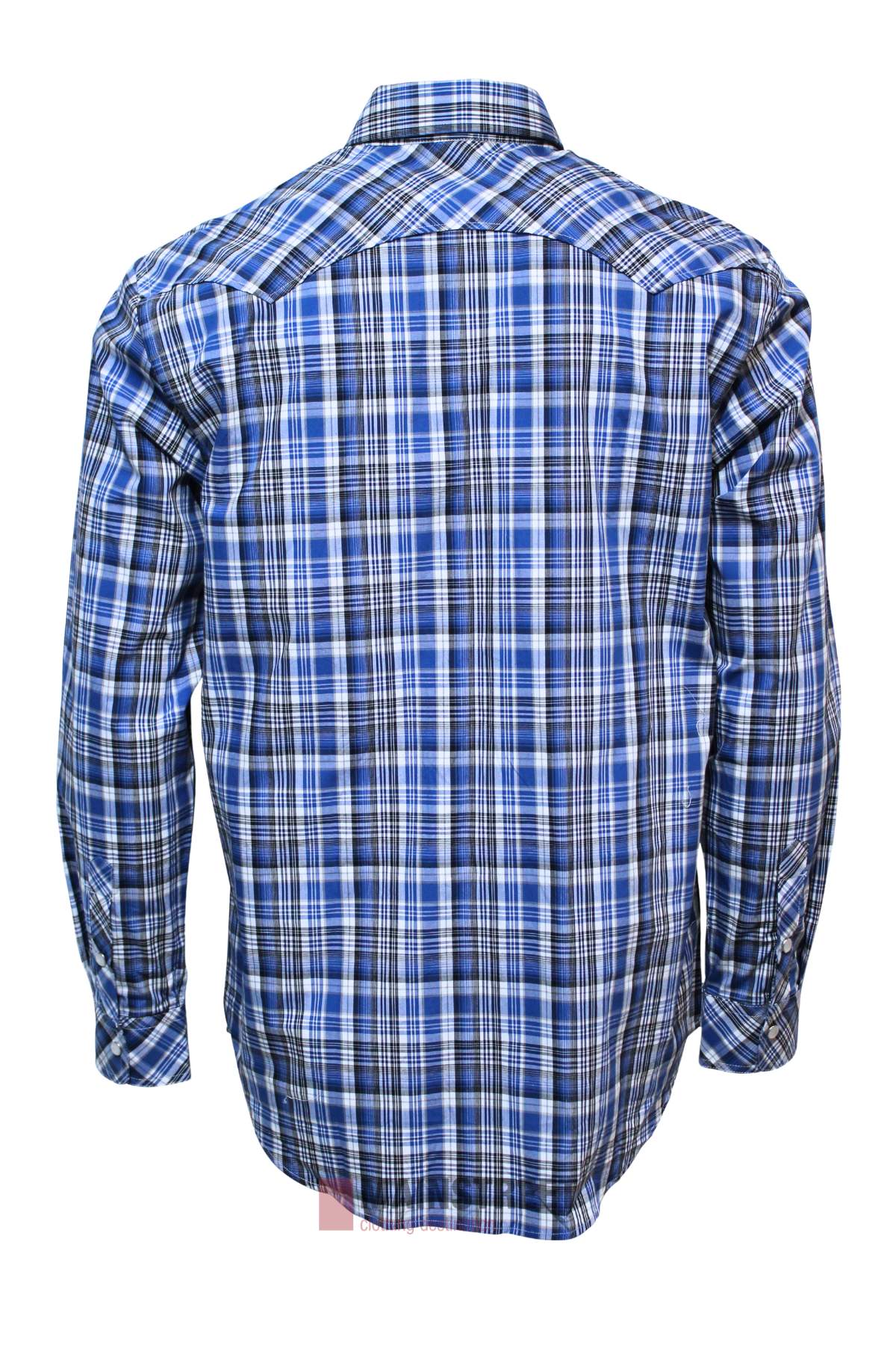 Shown from the back, the Pilbara Western Snap Button Long Sleeve Shirt features a blue, white, and black plaid pattern, pointed collar, buttoned cuffs, and classic long sleeve cotton design.