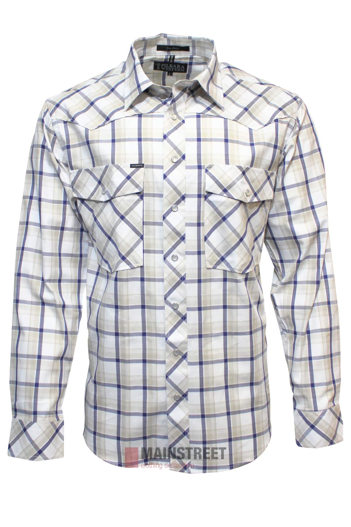 The Pilbara Western Snap Button Long Sleeve Shirt features a white cotton base with blue, black, and tan plaid, snap buttons, two front chest pockets with flaps, and a pointed collar.