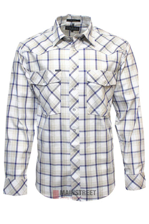 The Pilbara Western Snap Button Long Sleeve Shirt features a white cotton base with blue, black, and tan plaid, snap buttons, two front chest pockets with flaps, and a pointed collar.
