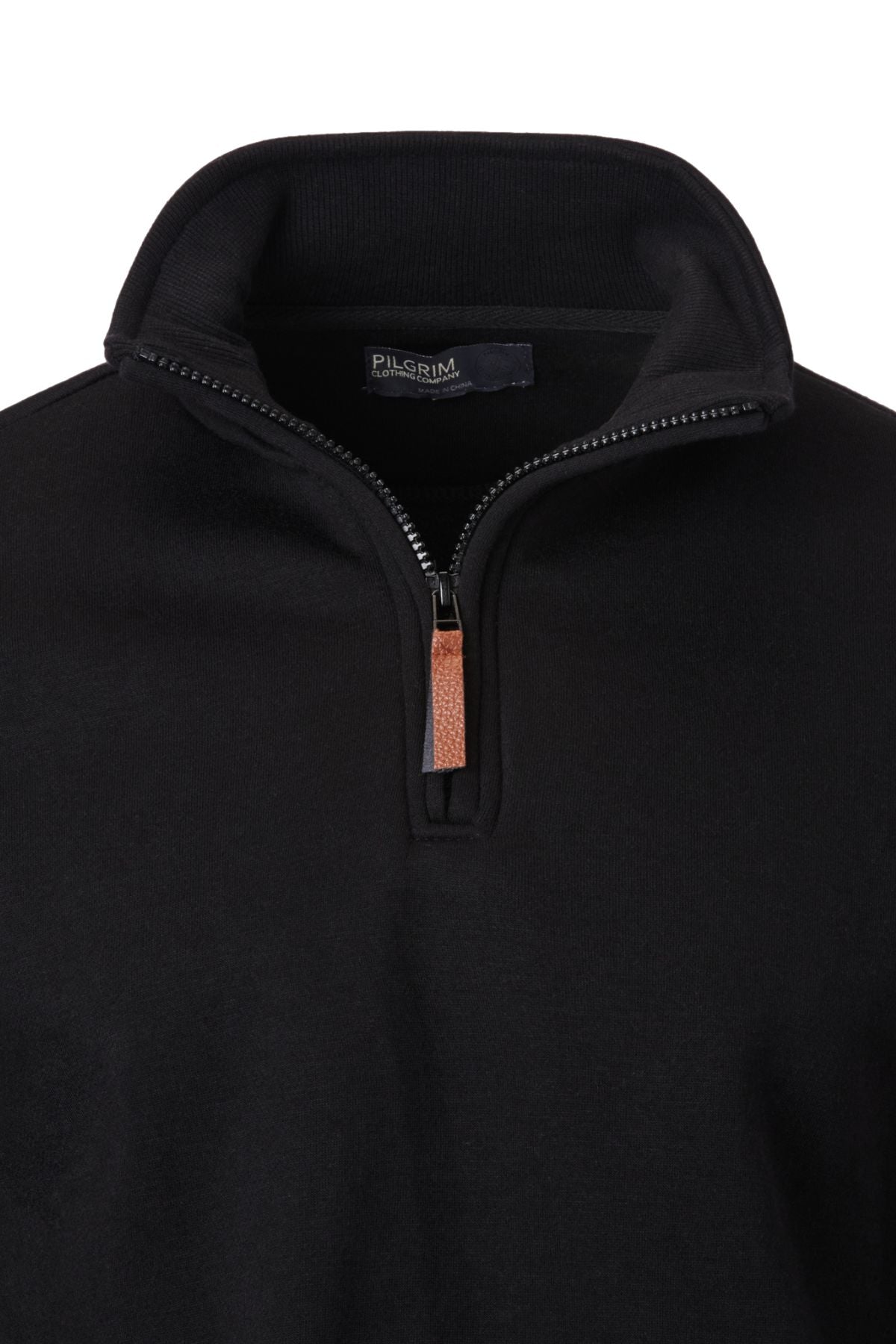 A close-up of the Pilgrim Quarter Zip Fleece, featuring a black design, brown leather pull tab on the zipper, and "PILGRIM" brand label inside the collar—ideal for everyday wear.