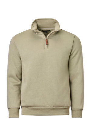 The Pilgrim Quarter Zip Fleece is a light olive green pullover with long sleeves, ribbed cuffs and hem, a stand-up collar, and a brown leather zipper pull. Made from breathable fabric for comfortable everyday wear.