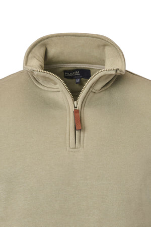 The Pilgrim Quarter Zip Fleece features a light olive-green color, stand-up collar, brown leather zipper pull, and visible brand and size tags inside the neck—perfect for everyday wear.