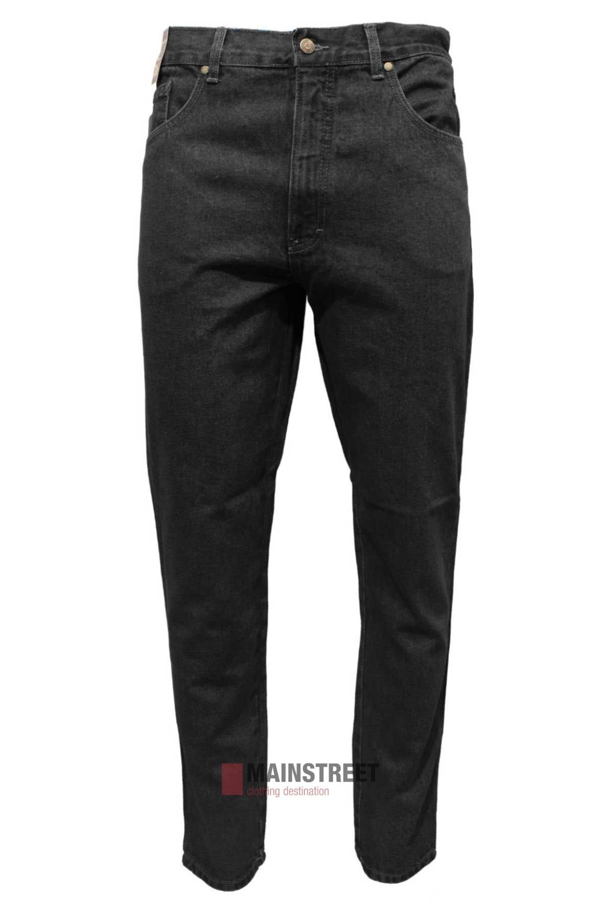 A pair of black Pilgrim Stretch Jeans in a regular fit with a classic five-pocket design and button fly, shown against a white background.