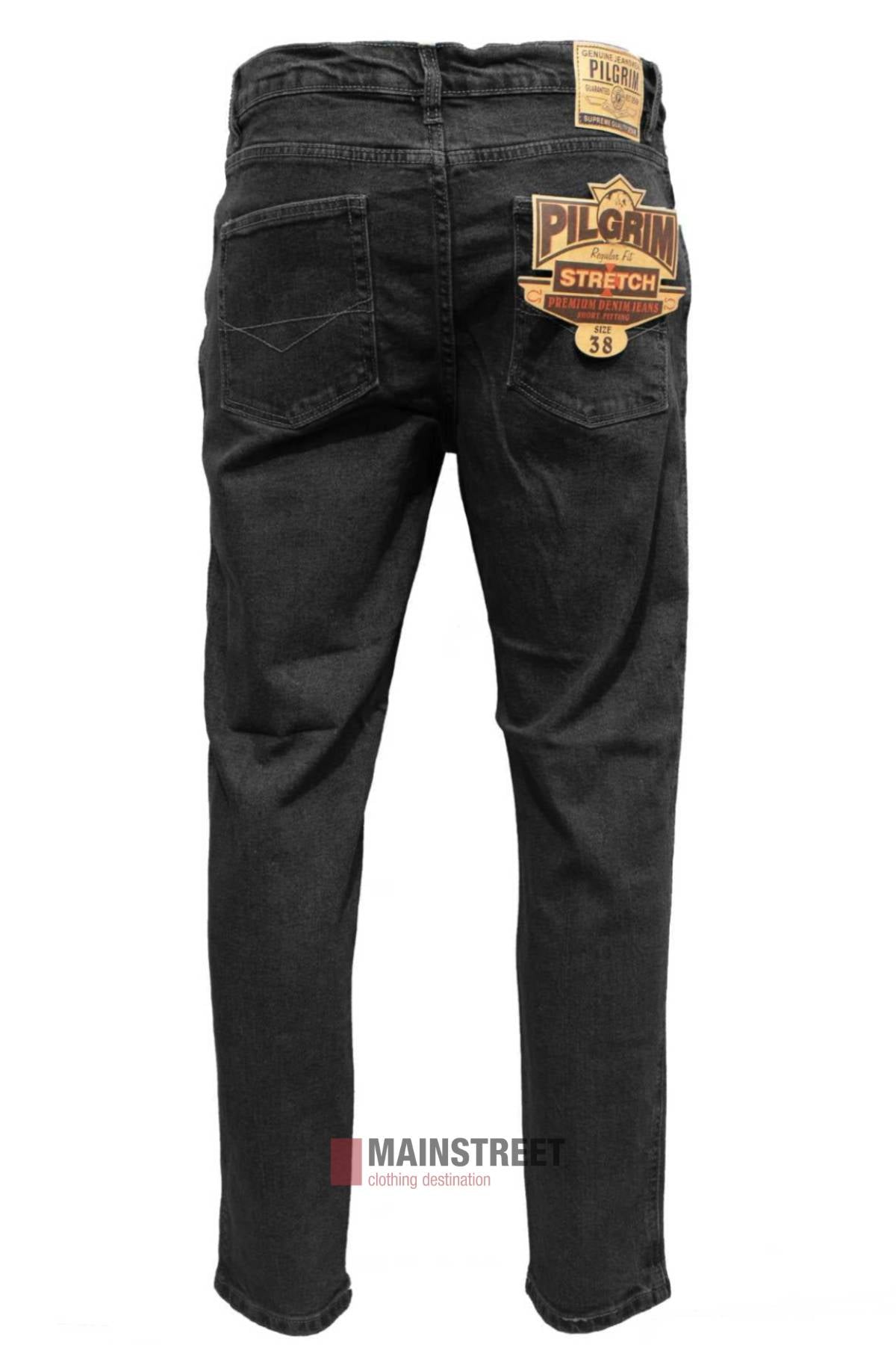 The Pilgrim Stretch Jeans in black feature a regular fit, two back pockets, and brand labels on the waistband and right pocket, shown from the back against a white background.