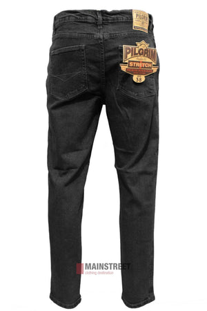 The Pilgrim Stretch Jeans in black feature a regular fit, two back pockets, and brand labels on the waistband and right pocket, shown from the back against a white background.