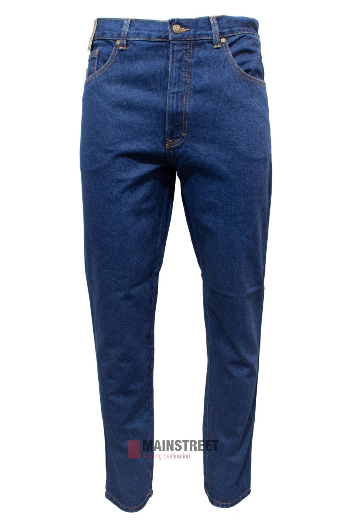 The Pilgrim Stretch Jean, shown upright against a white background, is a blue denim pair with front pockets and button closure. Made from cotton elastane for comfort, the MAINSTREET logo features at the bottom of the image.