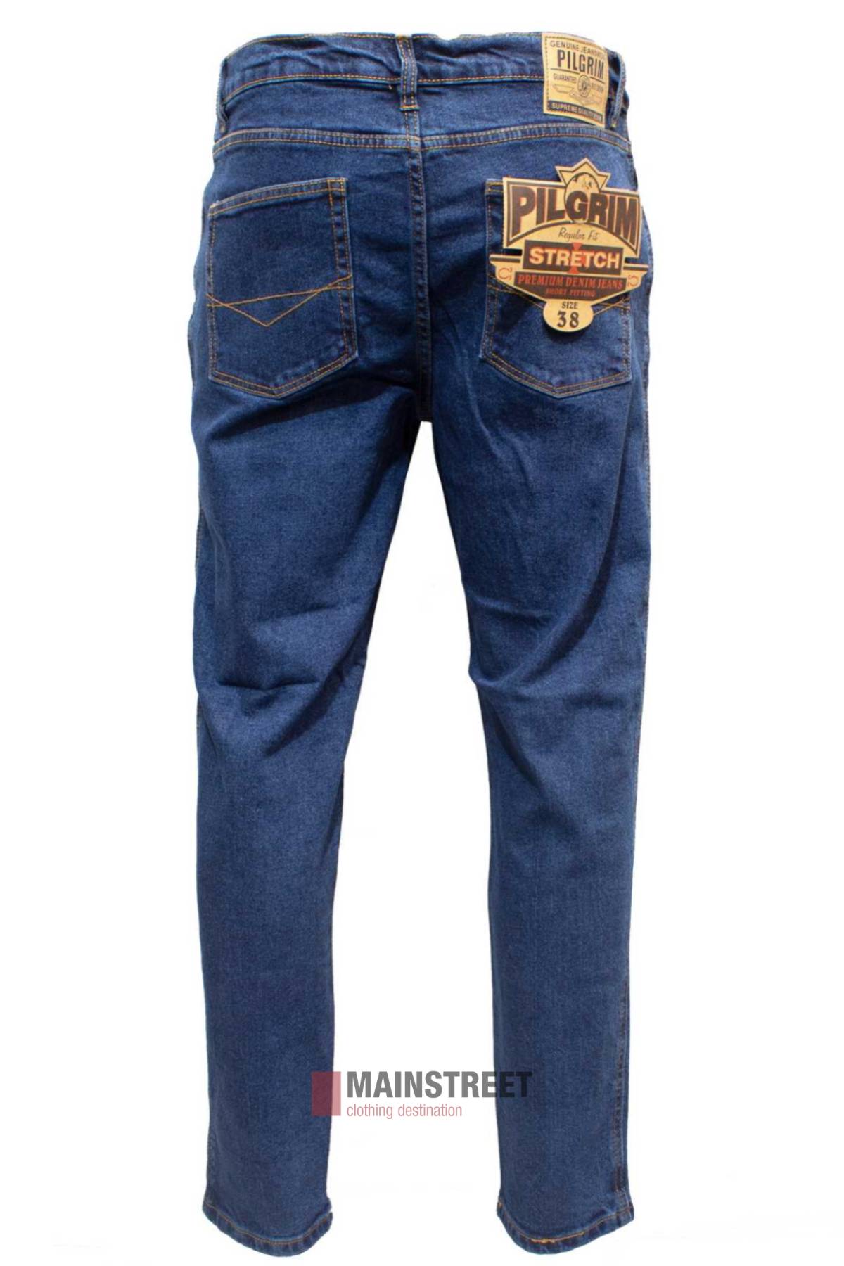 The Pilgrim Stretch Jean, shown upright against a white background, is a blue denim pair with front pockets and button closure. Made from cotton elastane for comfort, the MAINSTREET logo features at the bottom of the image.