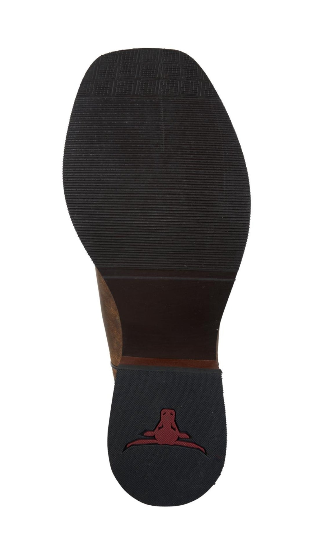 The Pure Western Tolar Boot features a brown leather sole with a textured black bottom, a heel adorned with red-stitched longhorn skull, and a memory foam innersole for all-day comfort.