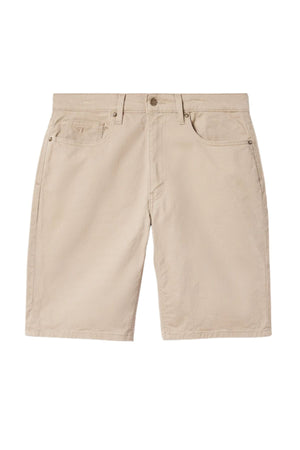 The RM Williams Nicholson Short is a pair of beige khaki shorts in regular fit, made from Australian stretch cotton twill, featuring belt loops, a button and zip closure, plus front and back pockets, shown on a white background.