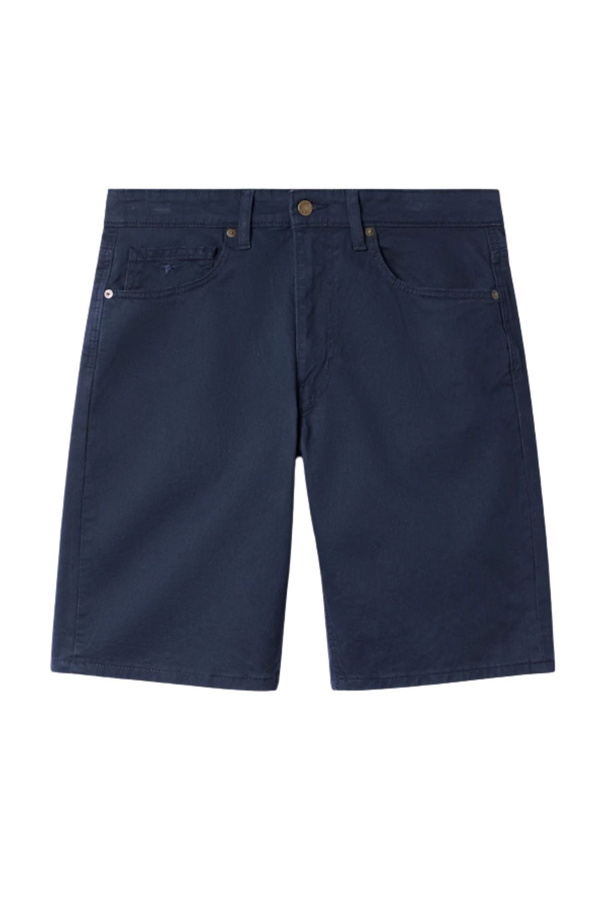 The RM Williams Nicholson Short is a men's navy blue jean short made from Australian stretch cotton twill, featuring front and back pockets, belt loops, and a button closure, shown on a white background.