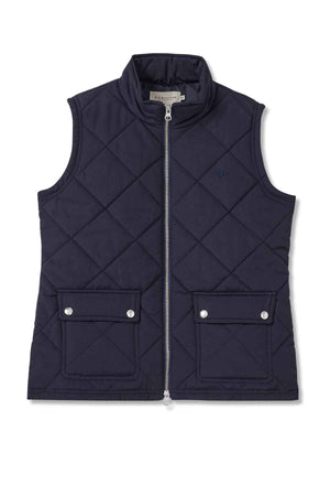 The RM Williams Willippa Vest is a navy blue sustainable vest featuring a quilted design, stand collar, front zipper, two large button-flap pockets, and stylish diamond stitching.