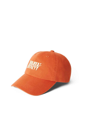 The RM Williams Steers Head Cap is an orange cotton twill cap featuring white embroidered text on the front, displayed on a white background. This classic accessory fuses timeless fashion with everyday practicality.