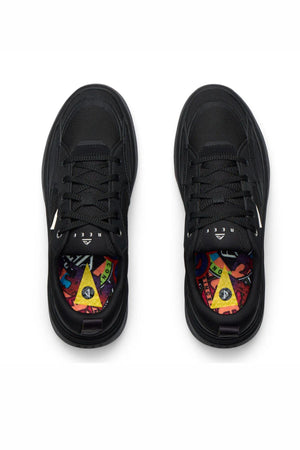 A top view of the Reef Fanning Mens Shoe in black, featuring black laces, vibrant geometric-patterned insoles, and cushioned comfort designed for all-day wear.
