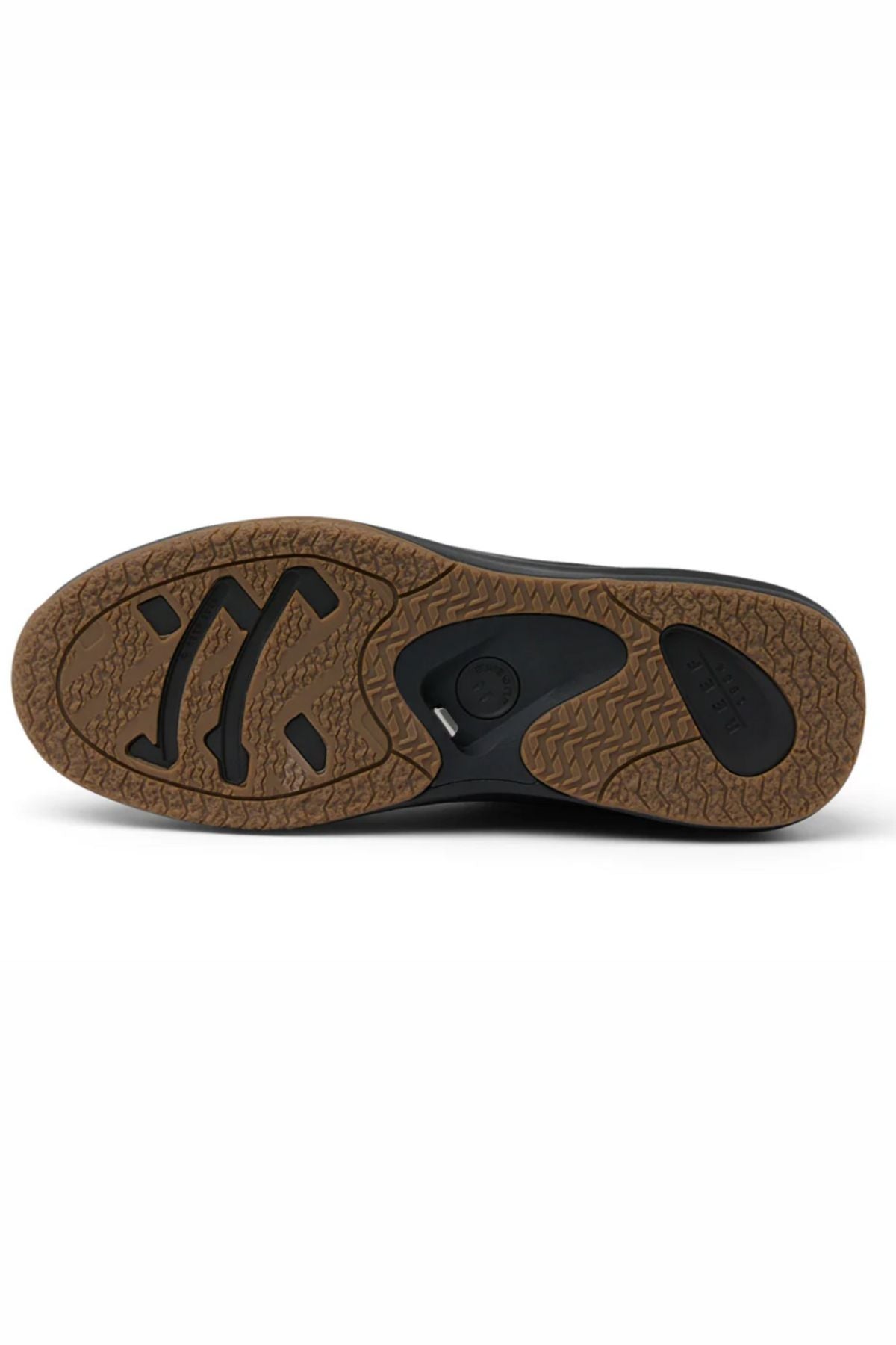 The image shows the brown rubber sole of the Reef Fanning Mens Shoe, with textured grip patterns, circular grooves, cushioned comfort, and a built-in bottle opener—viewed from below against a white background.