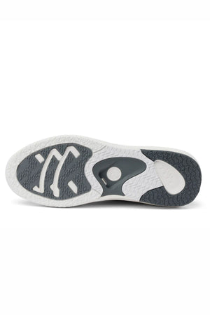The Reef Fanning Mens Shoe features a white and gray rubber sole with textured, geometric patterns for traction and includes a built-in bottle opener for convenience.