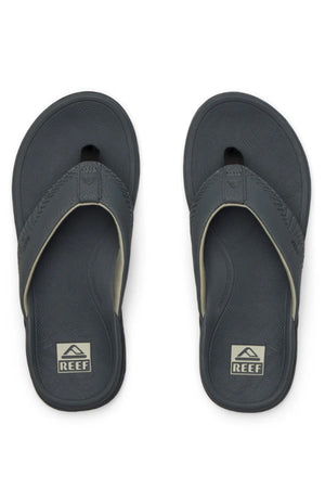 The REEF Offshore flip-flop sandals in dark gray feature textured soles, thick straps, arch support, and display the "REEF" logo near the heels. Shown side by side from above.